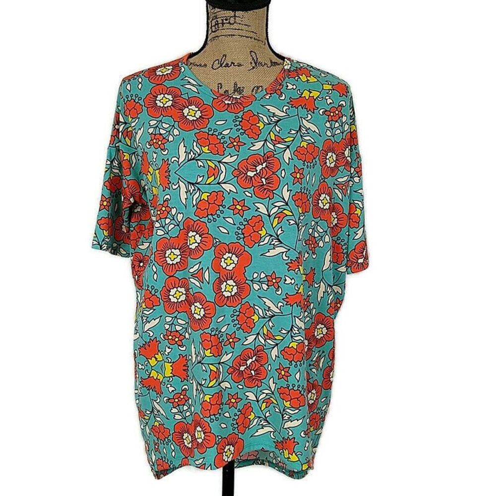 LulaRoe Womens sz XXS Irma Blue Floral Short Sleeve Scoop Neck Pullover Tunic